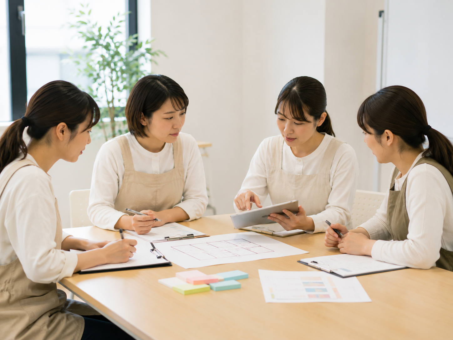 スタッフ事前ミーティングの様子：保育士資格保有スタッフが事前に安全管理について話し合っている様子
