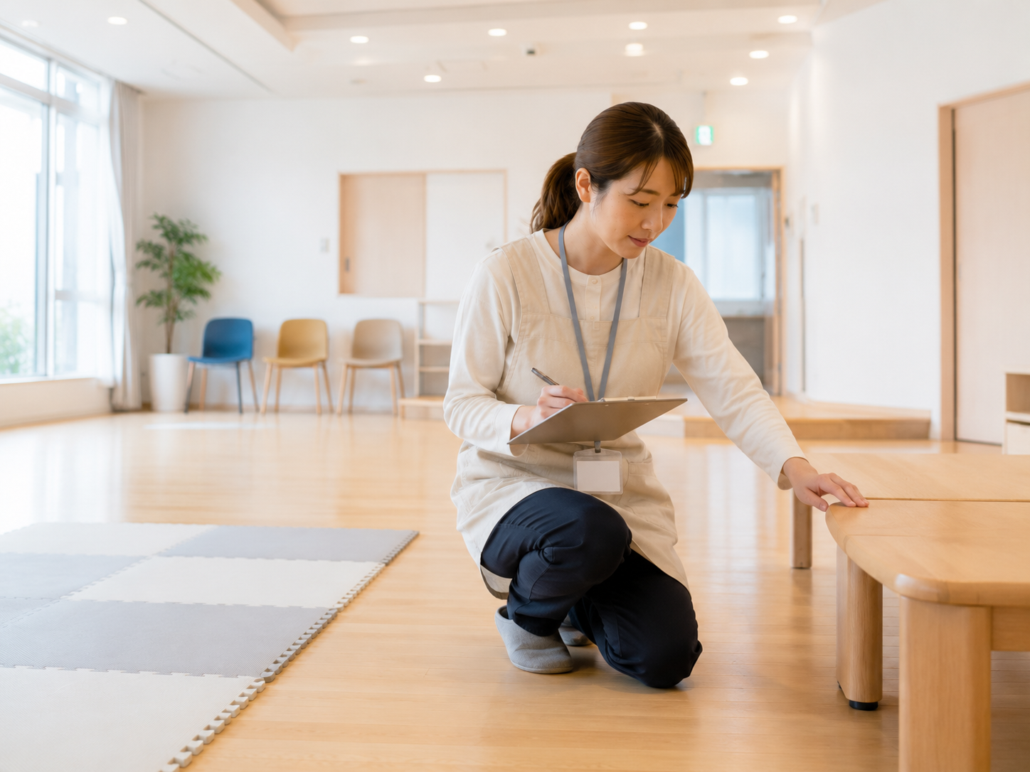 会場下見の様子：保育士資格保有スタッフが事前に会場の安全性を確認している様子
