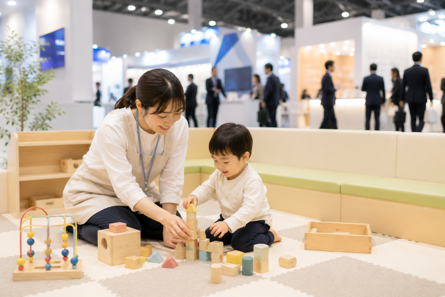 展示会に出展しますの様子：保育士資格保有スタッフが安全に子どもをお預かりしている様子