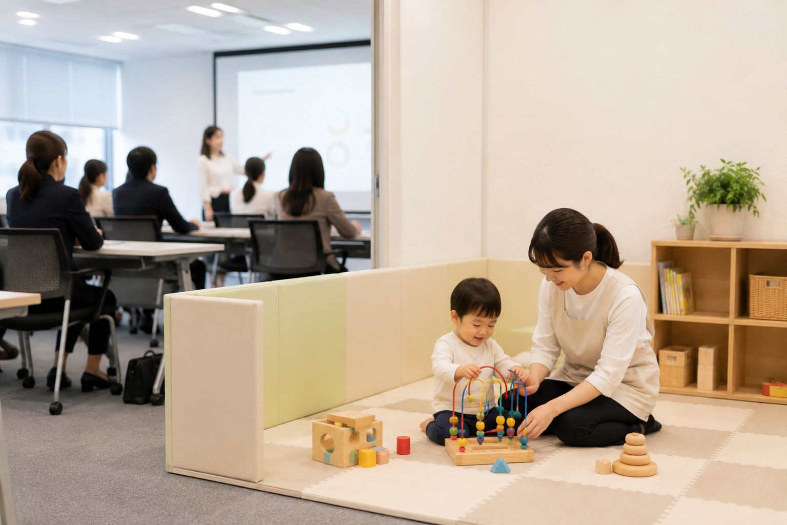 社内研修を計画中の様子：保育士資格保有スタッフが安全に子どもをお預かりしている様子